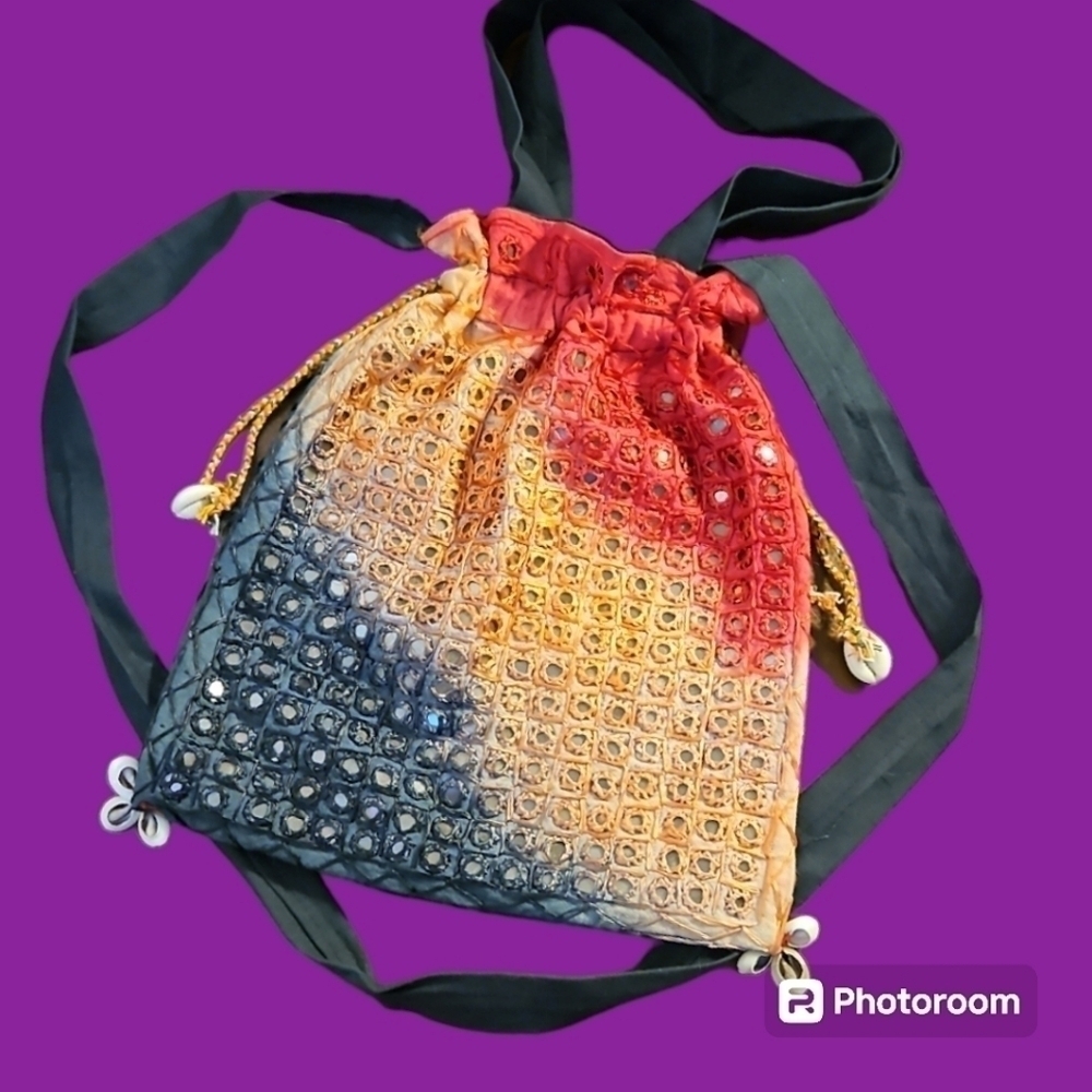 Bohemian Mirrors Ombre Cloth Drawstring Crossbody Double Handle Festival Bag